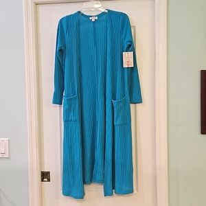 LulaRoe Sarah turquoise, long ribbed cardigan, small